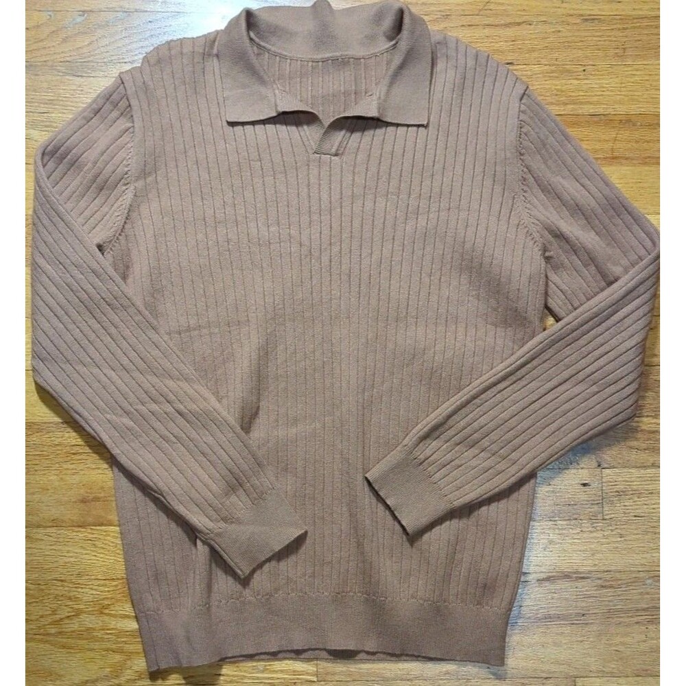 DAZY Women's Brown Ribbed Knit V-Neck Collared Sweater Size XL EUC Retro